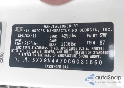 2012 Kia Optima Ex z USA, uszkodzony, nr VIN 5XXGN4A70CG031660